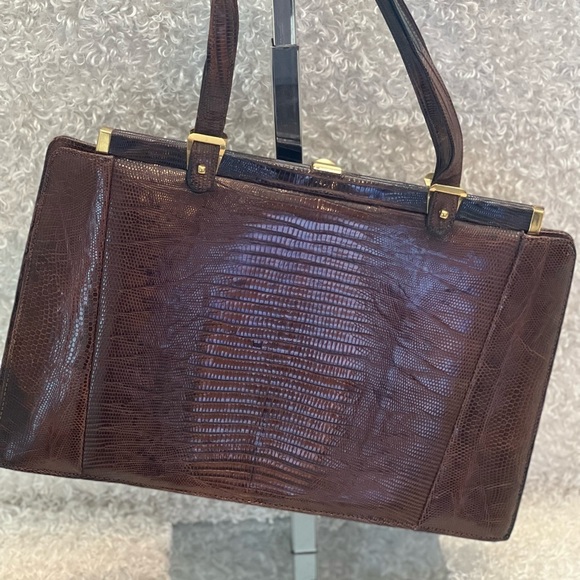 VINTAGE ESCORT BAG GENUINE LIZARD BROWN STRUCTURED FRAME HANDBAG SATCHEL VTG - Picture 6 of 16